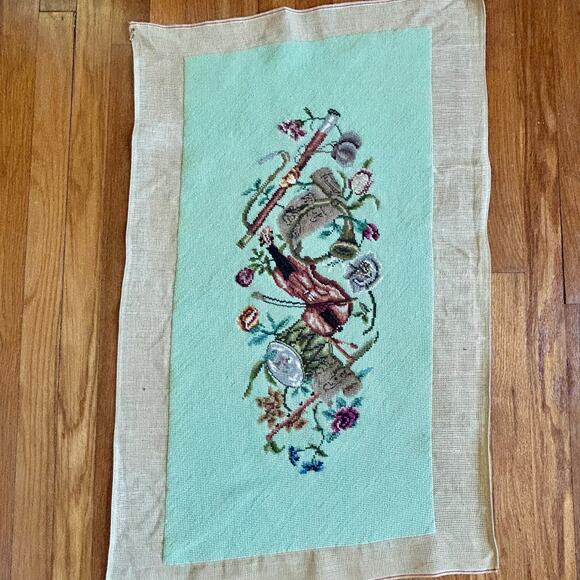 Vintage Finished Needlepoint with Music Violin and Floral Garland Design - Picture 2 of 11